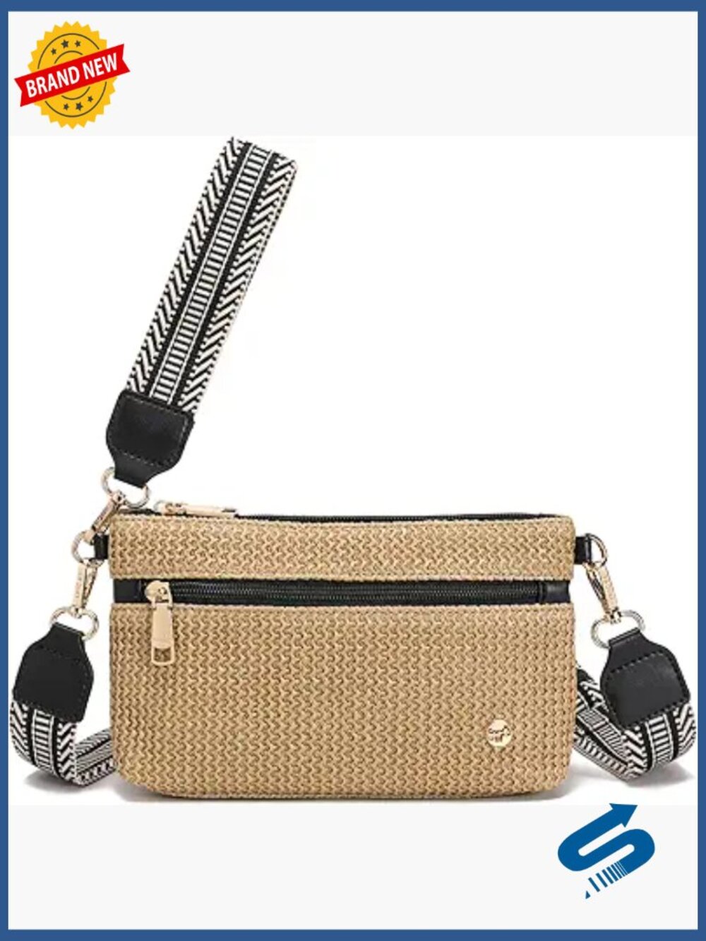 Faux Straw Crossbody Bag Convertible Wristlet Wallet Triple Zipper RFID